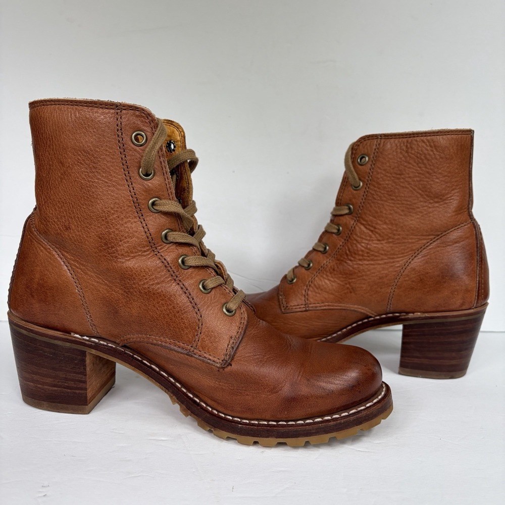 Vintage Frye Sabrina 6G Lace Up Boot 7.5 Saddle Leather Made USA Vibram Lug Heel - Picture 3 of 16